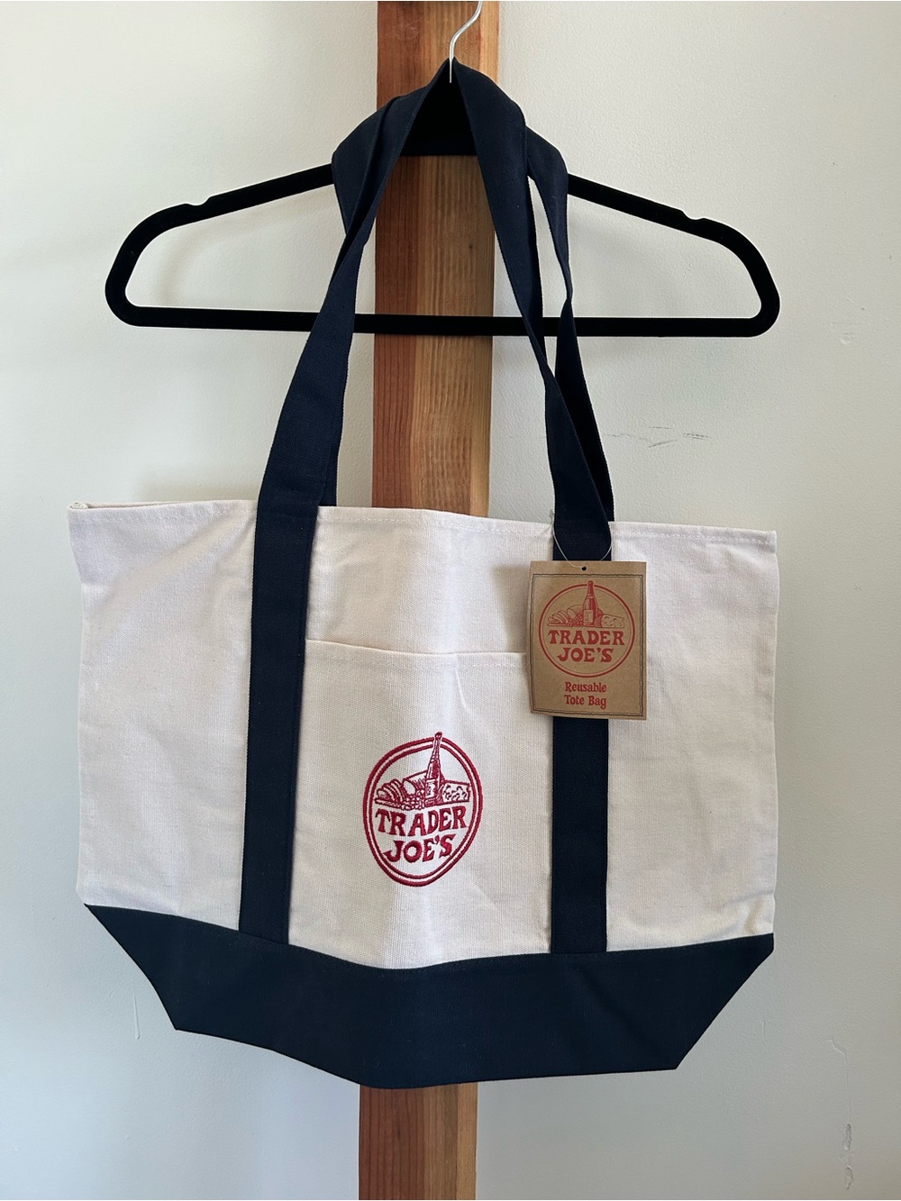 Trader Joe's Cream and Black Canvas Tote Bag